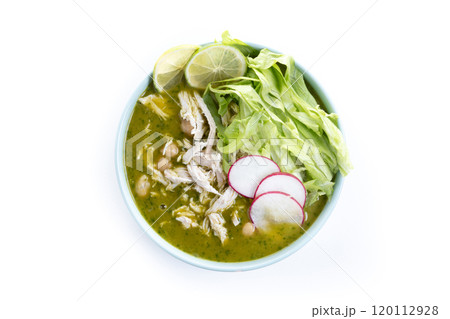 Traditional mexican green pozole soup isolated on white backgroundTraditional mexican green pozole soup isolated on white background 120112928