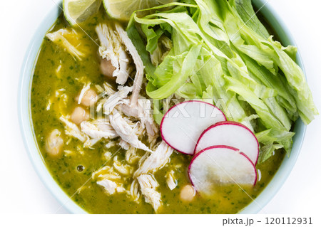 Traditional mexican green pozole soup isolated on white background 120112931