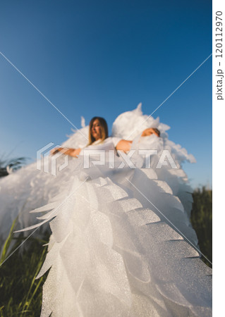 Beautiful angel with huge wings. A woman with large white angel wings stands in a field of green grass under a clear blue summer sky, creating a serene and ethereal scene. Beautiful angel with huge wings. A woman with large white angel wings stands in a field of green grass under a clear blue summer sky, creating a serene and ethereal scene. 120112970