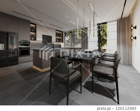 Modern minimalist kitchen and dining room design with sleek furnishings Modern minimalist kitchen and dining room design with sleek furnishings 120112983