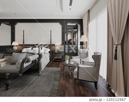 Elegant contemporary bedroom interior design with classic elements 120112987