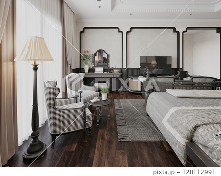 Elegant vintage-inspired bedroom interior with classic furniture and soft lighting Elegant vintage-inspired bedroom interior with classic furniture and soft lighting 120112991