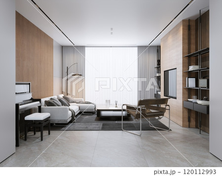 Modern minimalist living room design with neutral tones for interior inspiration 120112993