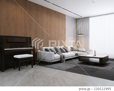 Modern minimalist living room interior with piano and neutral decor 120112995