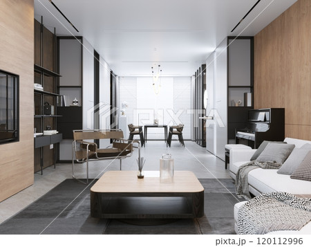 Modern minimalist living room with elegant dining area and wooden accents 120112996