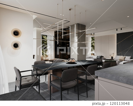 Modern luxury dining room with elegant lighting and sleek interior design Modern luxury dining room with elegant lighting and sleek interior design 120113048
