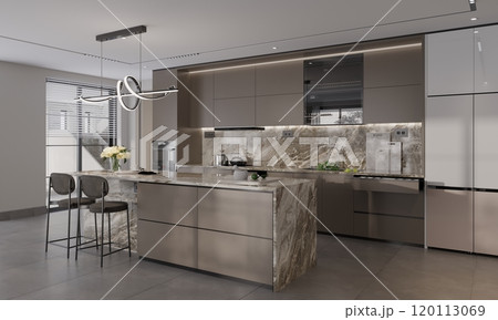 Luxurious modern kitchen interior design with marble island and sleek cabinetry 120113069