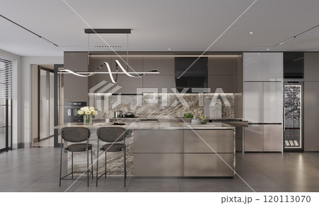 Modern luxury kitchen interior with marble accents and sleek lighting design 120113070