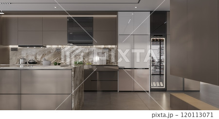 Modern luxury kitchen interior with sleek appliances and marble accents 120113071