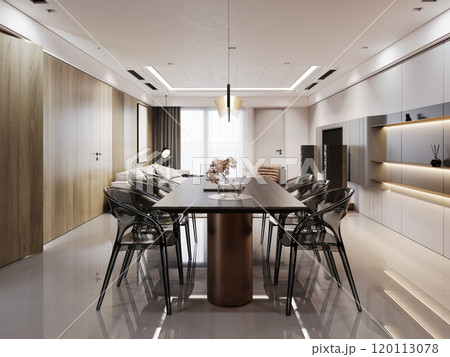 Modern minimalist dining room design with elegant interiors and sleek furnishings 120113078