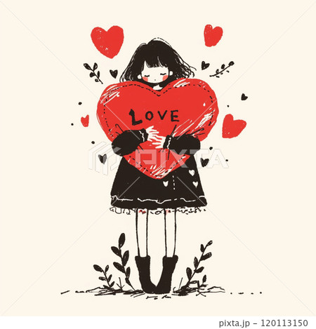 【文字・言葉】”LOVE”の文字の書かれたハートを抱きしめる女の子 120113150