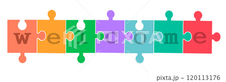 Colorful puzzle pieces forming the word welcome in a cheerful design for all occasions 120113176