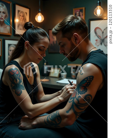 Artistic tattoo studio scene with professional tattoo artists at work 120113310