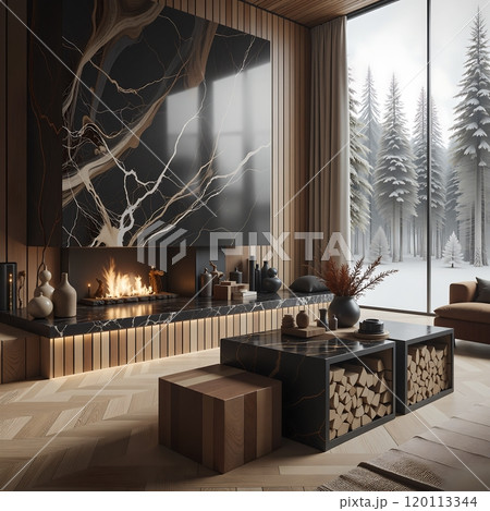 Cozy winter cabin interior with modern fireplace and snowy forest view Cozy winter cabin interior with modern fireplace and snowy forest view 120113344