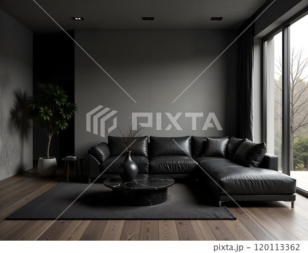 Elegant black living room with modern leather sofa and contemporary decor 120113362