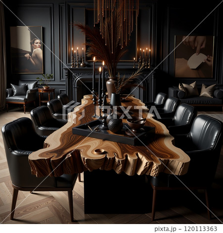 Elegant dining room with unique live edge table and modern art decor 120113363