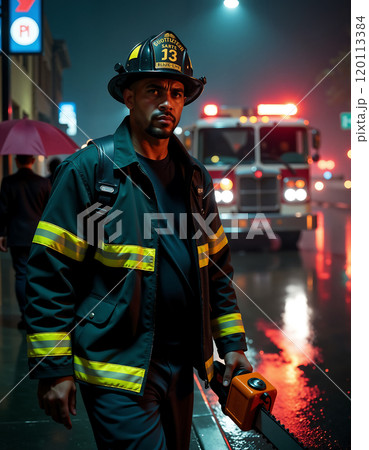 Firefighter in rainy night with chainsaw near fire truck for emergency response concept 120113384