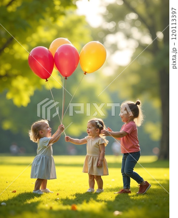 Joyful children playing with balloons in sunny park setting 120113397