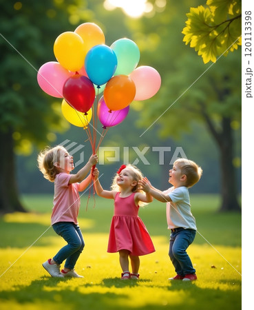 Joyful children playing with colorful balloons in a sunlit park setting 120113398