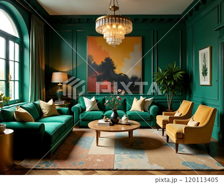 Luxurious living room interior with green walls and modern furnishings Luxurious living room interior with green walls and modern furnishings 120113405
