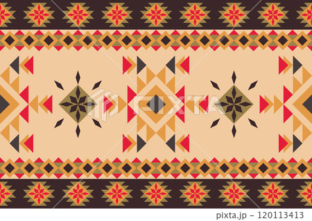 Geometric tribal pattern with Native American and Southeast Asian, Navajo, Aztec, and ikat motifs. Ideal for rugs, wallpapers, and tapestries, this vintage-inspired design celebrates cultural heritage Geometric tribal pattern with Native American and Southeast Asian, Navajo, Aztec, and ikat motifs. Ideal for rugs, wallpapers, and tapestries, this vintage-inspired design celebrates cultural heritage 120113413