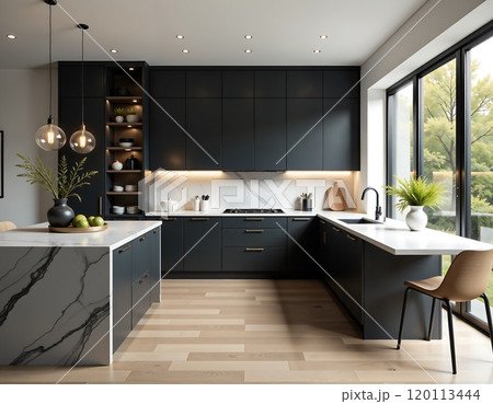 Modern kitchen interior with black cabinets and marble accents for home design Modern kitchen interior with black cabinets and marble accents for home design 120113444