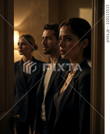 Mystery and anticipation: three professionals in dramatic lighting for thriller concept 120113515