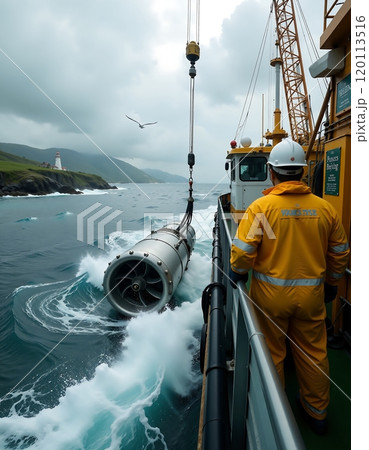 Offshore engineering operation with crane on stormy sea near lighthouse 120113516