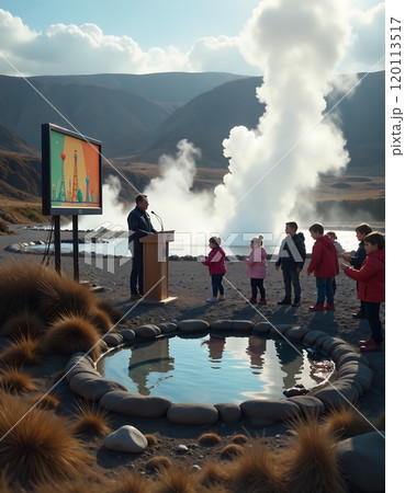 Outdoor classroom at geyser field with children learning science concepts 120113517