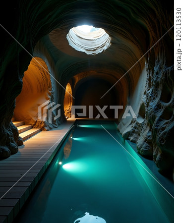 Serene underground pool in natural cave with skylight Serene underground pool in natural cave with skylight 120113530