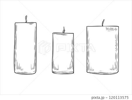 Three elegant pillar candles of different heights with burning flame in monochrome hand drawn line black ink illustration clip art. Minimalist holiday composition for spa salon design, Xmas poster. Three elegant pillar candles of different heights with burning flame in monochrome hand drawn line black ink illustration clip art. Minimalist holiday composition for spa salon design, Xmas poster. 120113575