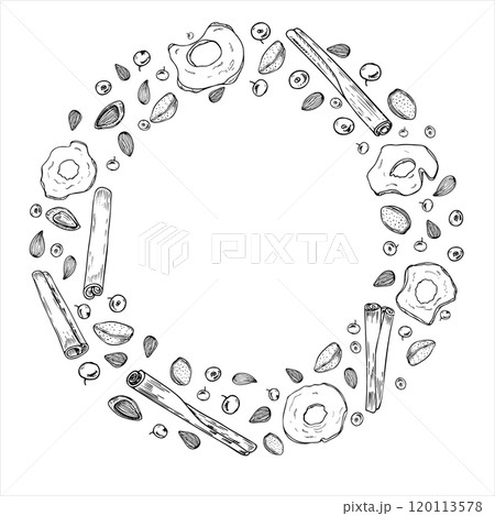 Cinnamon sticks, almond seeds, dried apple slices and berries vector round wreath painted by black inks. Winter ingredients monochrome frame for desserts, drinks. Empty space for text. 120113578