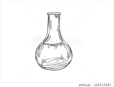 Monochrome open glass bottles with essential organic perfume oil realistic graphic sketch illustration. Hand drawn element painted by black inks. For art projects, home decor, and interior design. 120113581
