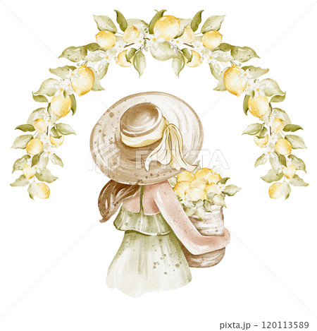 Watercolor illustration young girl with lemons hand drawn poster. Drawing Italian romantic woman close up. Fashion decoration for design and card, logo, label print. 120113589