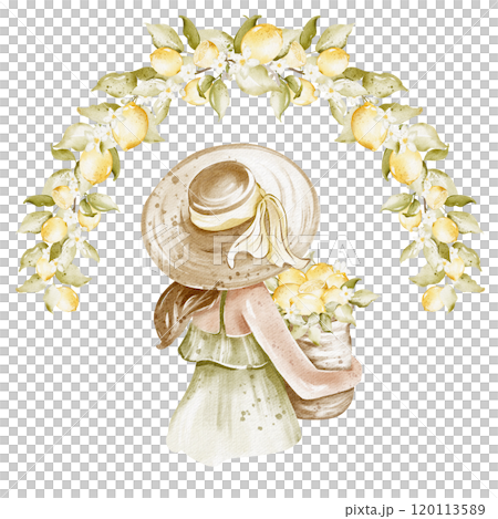 Watercolor illustration young girl with lemons hand drawn poster. Drawing Italian romantic woman close up. Fashion decoration for design and card, logo, label print. 120113589