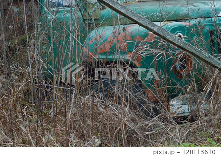 An abandoned green car with a post-apocalyptic style overgrown with grass with rust spots and no headlights. An abandoned place where nature has swallowed up everything human. High quality photo 120113610