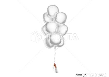 Hand holding blank silver round balloon bouquet mockup, isolated 120113658