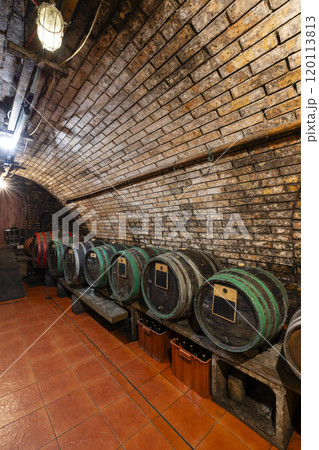 Wine cellars with barrels in Ivan, Southern Moravia, Czech Republic Wine cellars with barrels in Ivan, Southern Moravia, Czech Republic 120113813