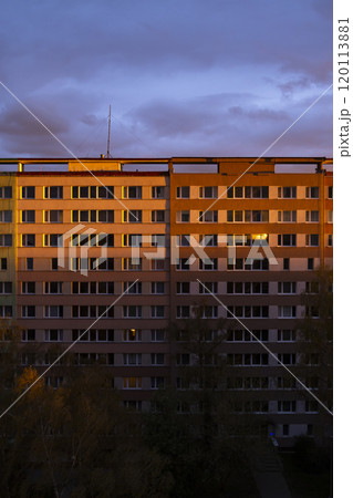 Old block of flats - apartment building made from concrete panels in communist era in eastern Europe, Prague, Czech Republic 120113881