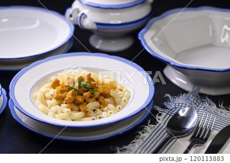 Traditional czech dish, chicken with paprika creamy sauce with pasta - typical for czech or middle europe. 120113883