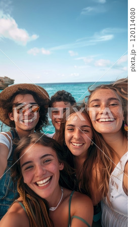 Happy smiling young people taking selfie against sea background, beach holiday with friends 120114080
