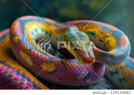 Colorful fantasy multicolored snake close up, snake curled up 120114082