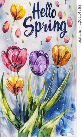 Watercolor illustration of colorful spring tulip flowers with text Hello Spring, spring background Watercolor illustration of colorful spring tulip flowers with text Hello Spring, spring background 120114268