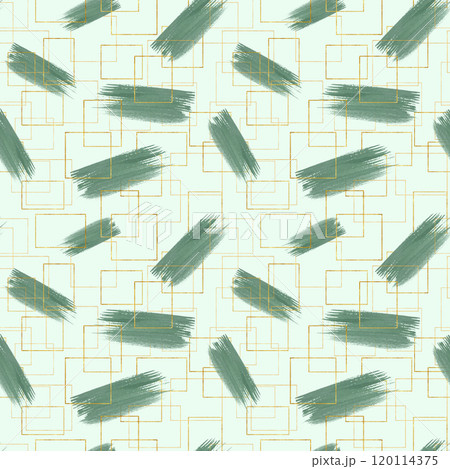 Dusty green watercolor brushstrokes among of golden intertwined outline frames seamless hand drawn pattern on pastel green background. Abstract texture splash and gold decor illustration. For textile. Dusty green watercolor brushstrokes among of golden intertwined outline frames seamless hand drawn pattern on pastel green background. Abstract texture splash and gold decor illustration. For textile. 120114375