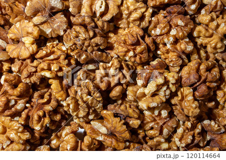 Scattered Shelled Walnuts. Background from Walnut Scattered Shelled Walnuts. Background from Walnut 120114664