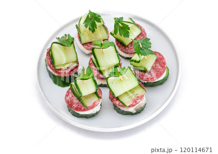 Canapes without Bread with Salami, Cucumber, Greens and Cream Cheese on White Plate 120114671