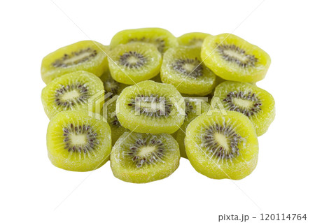 Delicious green kiwi fruit slices coated in sugar, perfect for snacking or baking. These vibrant, chewy treats are delightful addition to any dessert or candy mix 120114764