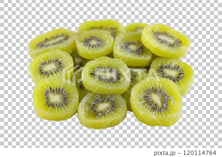 Delicious green kiwi fruit slices coated in sugar, perfect for snacking or baking. These vibrant, chewy treats are delightful addition to any dessert or candy mix 120114764