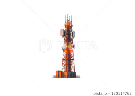 tall telecommunications tower with antennas and lights, surrounded by equipment. structure is illuminated, showcasing its importance in communication technology 120114765