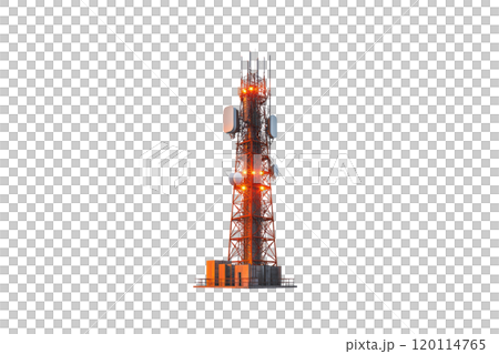 tall telecommunications tower with antennas and lights, surrounded by equipment. structure is illuminated, showcasing its importance in communication technology 120114765